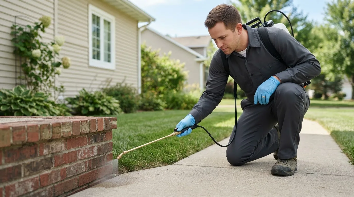 Pest control technician treating a home near Buxton, NC